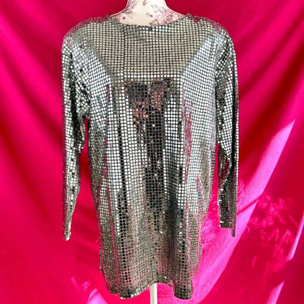 Vintage Silver Metallic Liquid Metal Top Tunic Medium 1980s Disco Party Glam - Picture 4 of 17